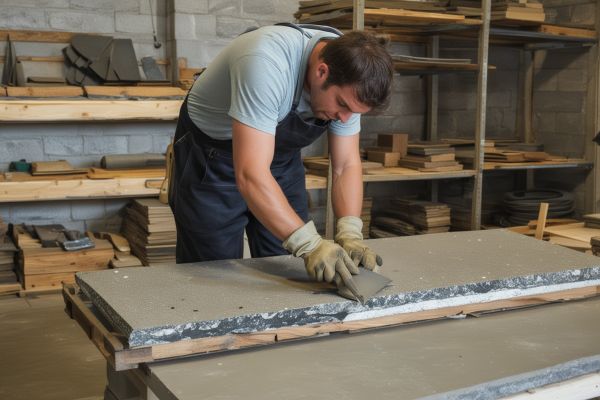 Professional granite craftsmen working with stone materials